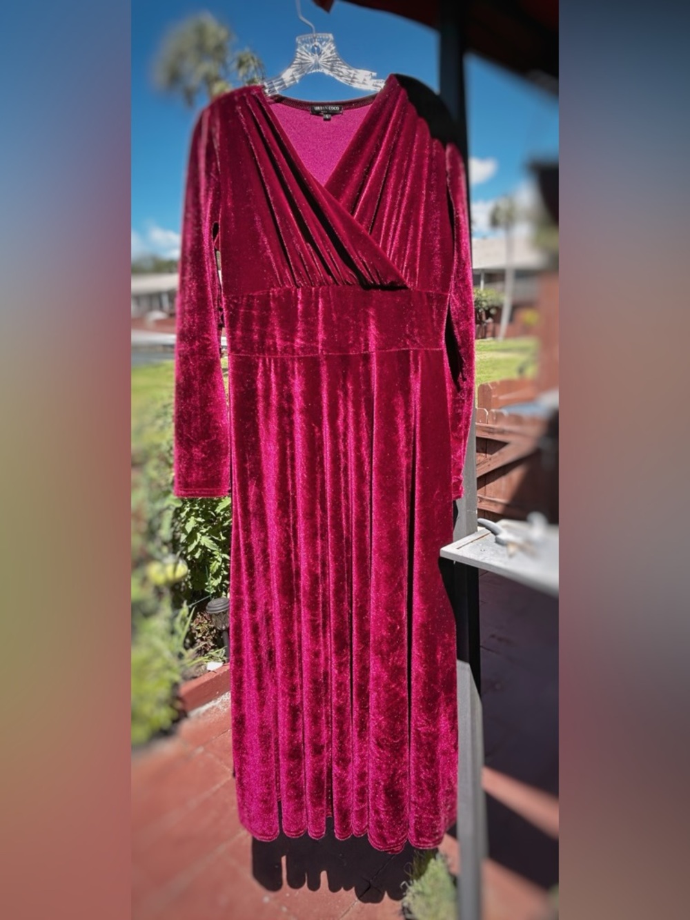 Burgundy velvet surplice style gown